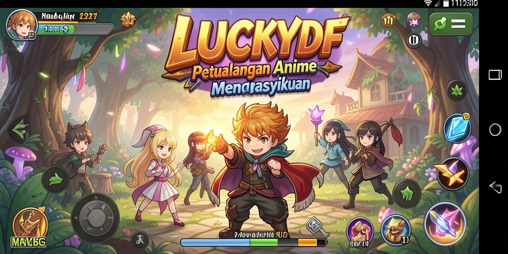 Tangkapan layar utama LUCKYDF menunjukkan aksi pertarungan karakter Anime.